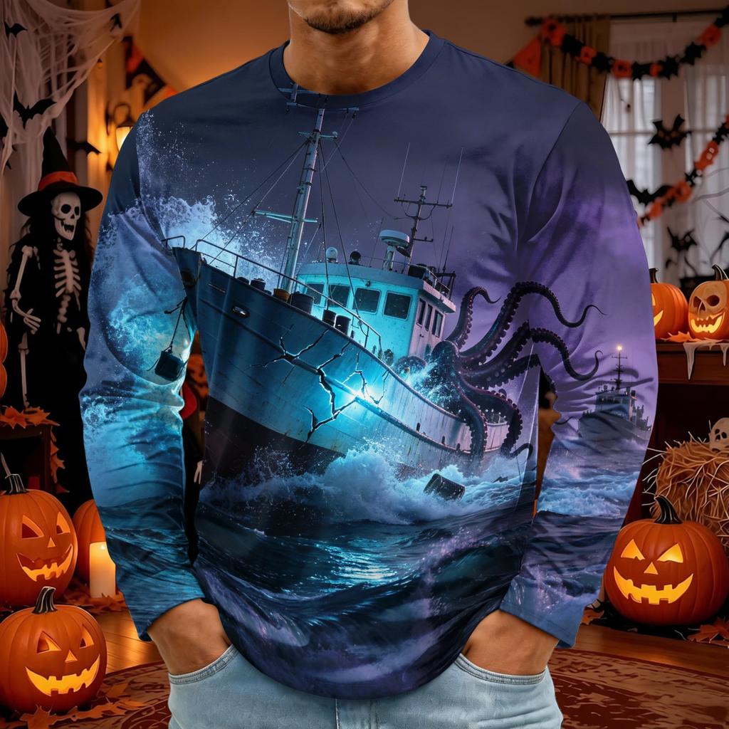 Men's Halloween Printed Long Sleeve Neck T-Shirt for Costume Party