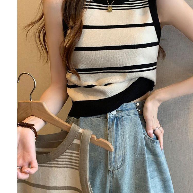 Women's Contrast Knit Striped Off-Shoulder Camisole: Trendy French Slim-Fit Sleeveless Summer Top