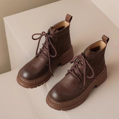 Women Boots British Style 2024 New Autumn Thick Soled Lace Up Ankle Boots Brown Anti Slip Comfort Casual Short Boots Botas Mujer