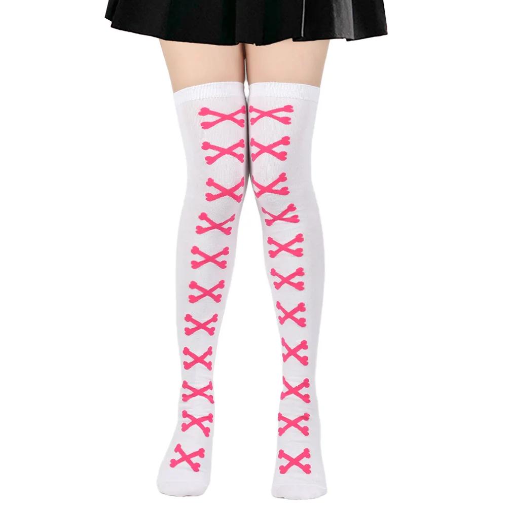 Oberschenkelhohe Socke Damenstrümpfe Knochen Damen Halloween Schwarz Weiß Rosa Gestreift Lang Über dem Knie Socke Lustig Cosplay Harajuku