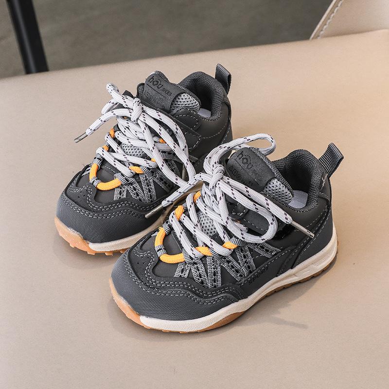 Spring Kids Leather Chunky Sneakers 1-6 Years Breathable Spliced Toe Cap Sports Shoes For Boys And Girls Casual Walkers