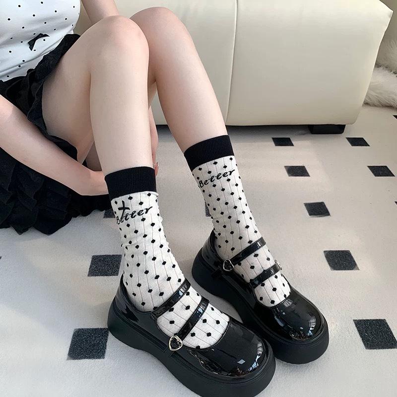 

Women s Spring and Summer Thin Mid-calf Socks with Bow Polka Dot Lace White Lolita 1 pair чорний