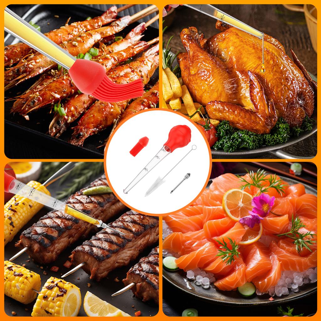 Truthahn Baster Set mit 4 Stück, Hochwertige Silikonbirne Inklusive Fleischmarinaden-Injektionsnadel mit Grill-Basting-Pinsel Tropf-Pipette