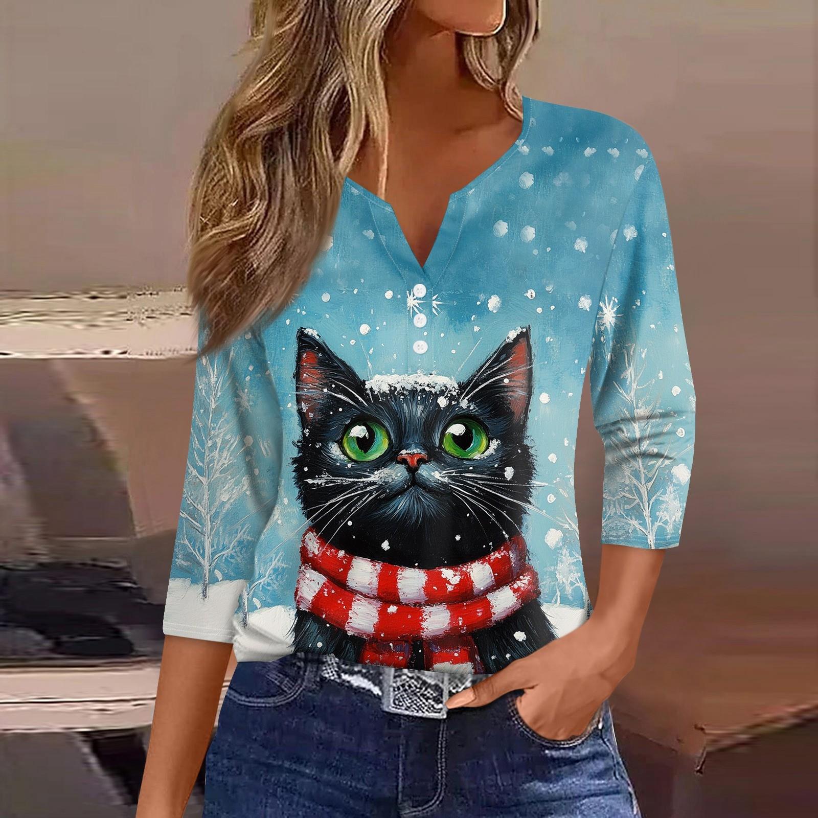 

Женская футболка с рождественским принтом, на пуговицах, рукав 3/4, повседневная мода на выходные, базовый топ с V-образным вырезом XXL