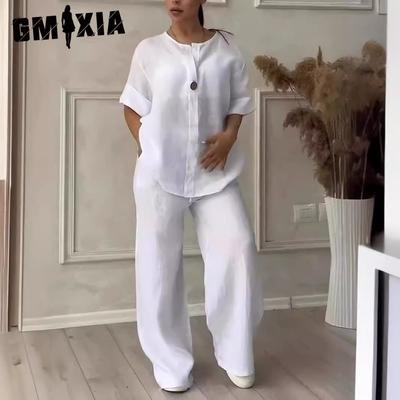 Completo casual in cotone e lino, comodo e ampio, da donna, con pantaloni a gamba larga