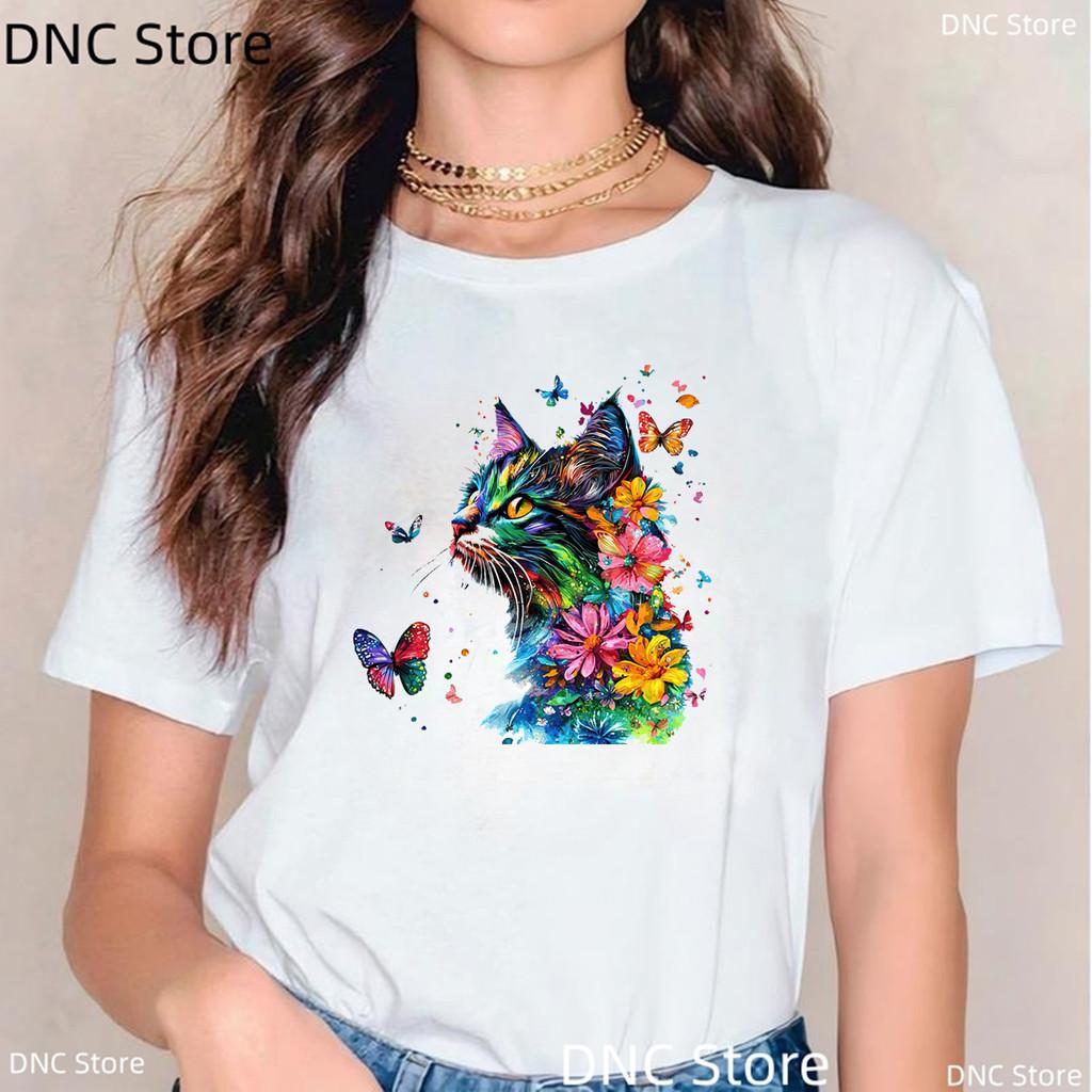 New Women'S Tshirt Funny Watercolor Butterfly Cat Animal Print Tshirt Girls Fashion Summer Female Tshirt White Short Sleeved Top