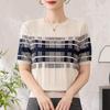 Summer Striped Short Sleeve Knit Top: Ice Silk T-Shirt for Middle-Aged and Elderly Women, 40s-50s Fashion