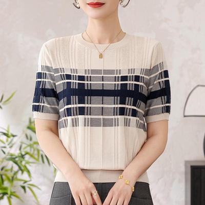 Summer Striped Short Sleeve Knit Top: Ice Silk T-Shirt for Middle-Aged and Elderly Women, 40s-50s Fashion