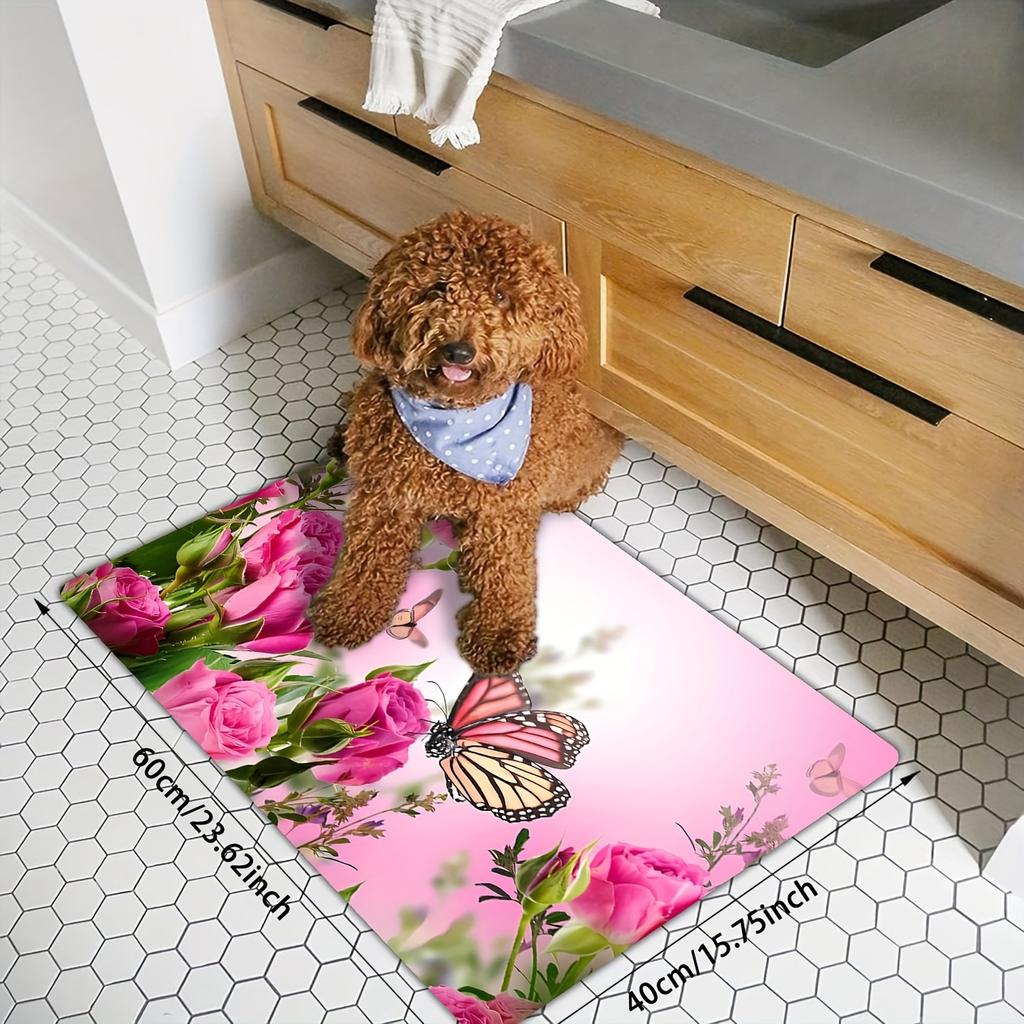 1Pcs Butterfly Flying On The Pink Rose Kitchen Rug Anti-Fatigue Kitchen Rug Waterproof Non-Slip Rugs Set Runner Rug Bedside Rug Absorbent Carpet