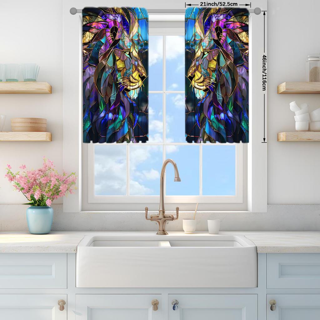 2-Panel Buntglas Löwe Halb Verdunkelnder Vorhang Halb Verdunkelnd Geeignet für Künstlerische Heimdekorationsvorhänge