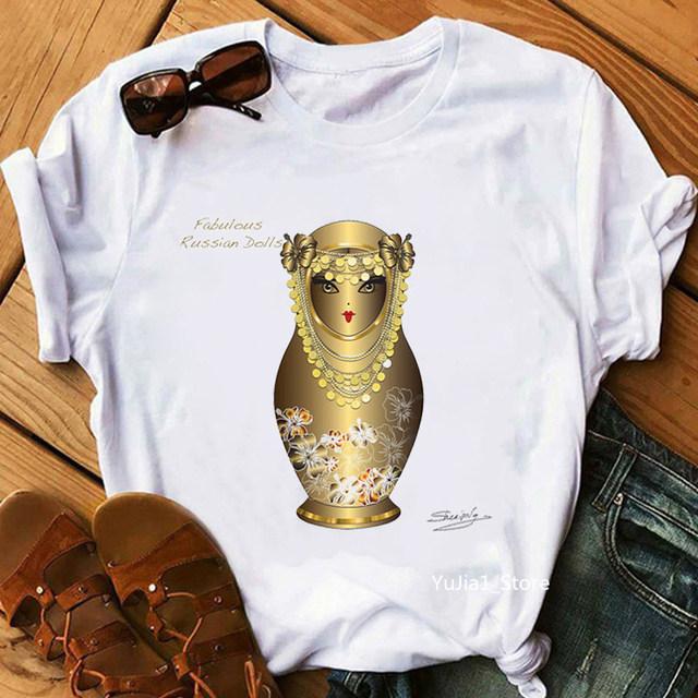 Russian Doll Cartoon Pure Cotton Printed Children's Short Sleeved New Fashion Trend Parent-child Loose Round Neck T-shirt