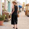 Women's Fashionable Color Button Sleeveless Pocket Casual Retro Wide Leg Seven Part Jumpsuit