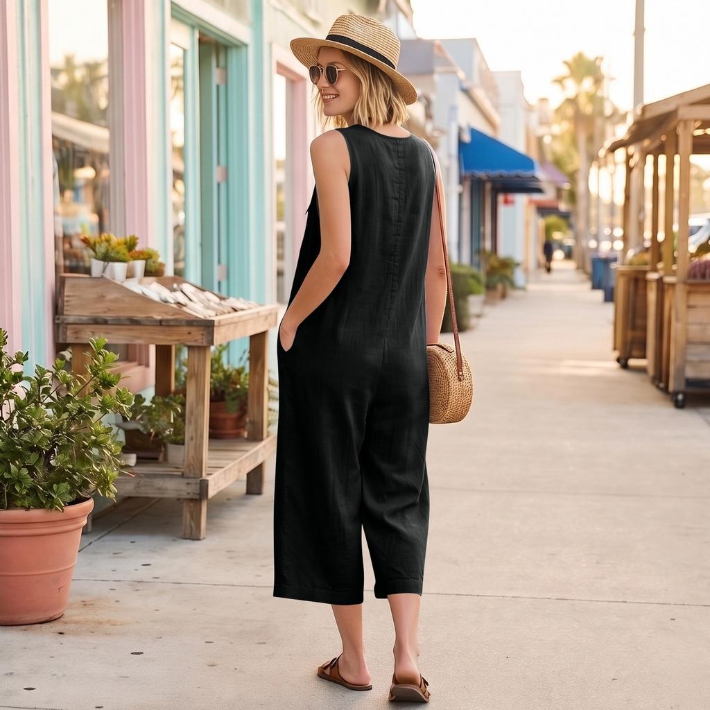Women's Fashionable Color Button Sleeveless Pocket Casual Retro Wide Leg Seven Part Jumpsuit