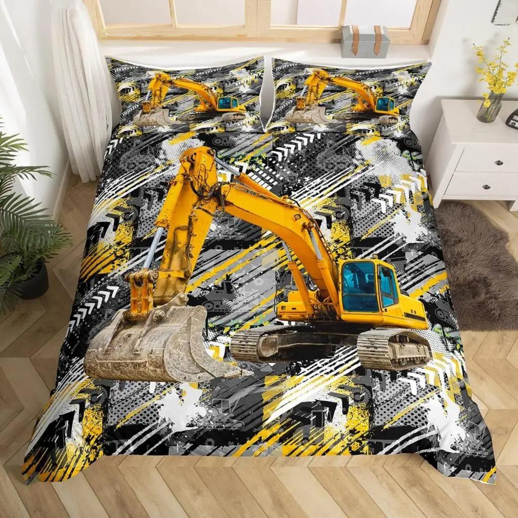 Truck Excavator Duvet Cover Set Queen Size for Kids Nursery Cartoon Tractor Engineering Vehicle Construction Theme Bedding Set