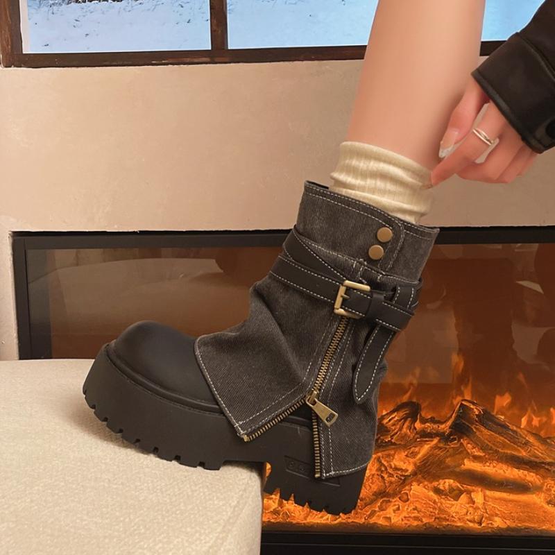 New Winter Punk Style Women Ankle Boots Fashion Belt Buckle Ladies Concise Chunky Platform Heel Short Booties  De Mujer