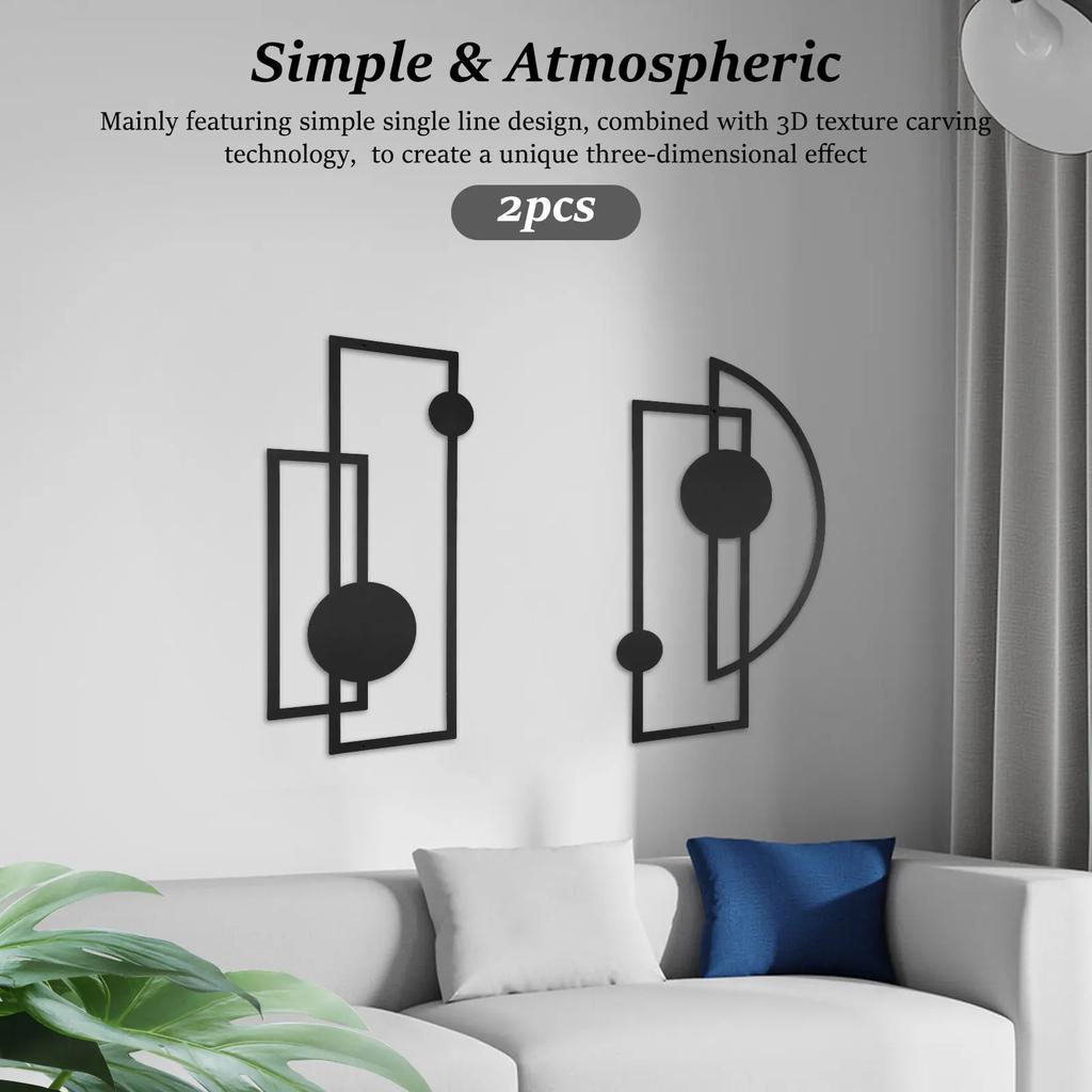 2 Pezzi Arte da Parete Astratta in Metallo Nero Decorazione Minimalista Verticale Decor Geometrico Moderno Sculture Testurizzate 3D per Soggiorno