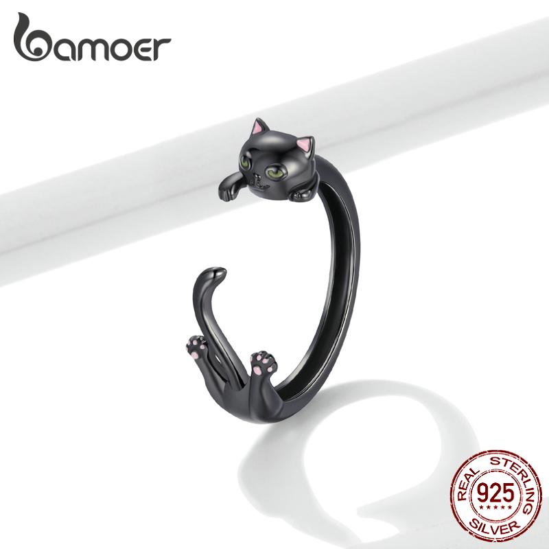 

BAMOER стерлингового серебра 925 пробы липкий милый черный кот регулируемое кольцо для женщин ювелирные изделия BSR217 чёрный