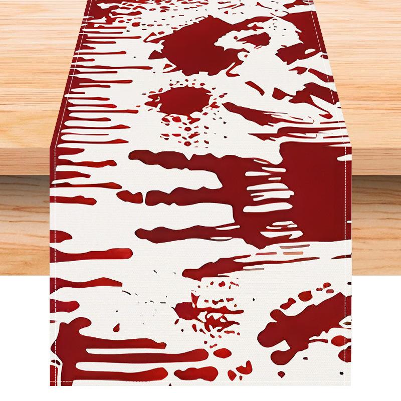 1pc Red White Halloween Table Runner Blood Fingerprint Pattern Dustproof Durable Tablecloth for Halloween Theme Party Decoration