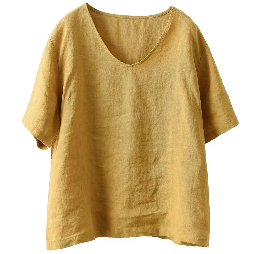 Damen Retro Baumwolle Leinen Übergröße Kurzarm Top - Schlankmachend, Vielseitig, Einfarbiges Freizeit-T-Shirt