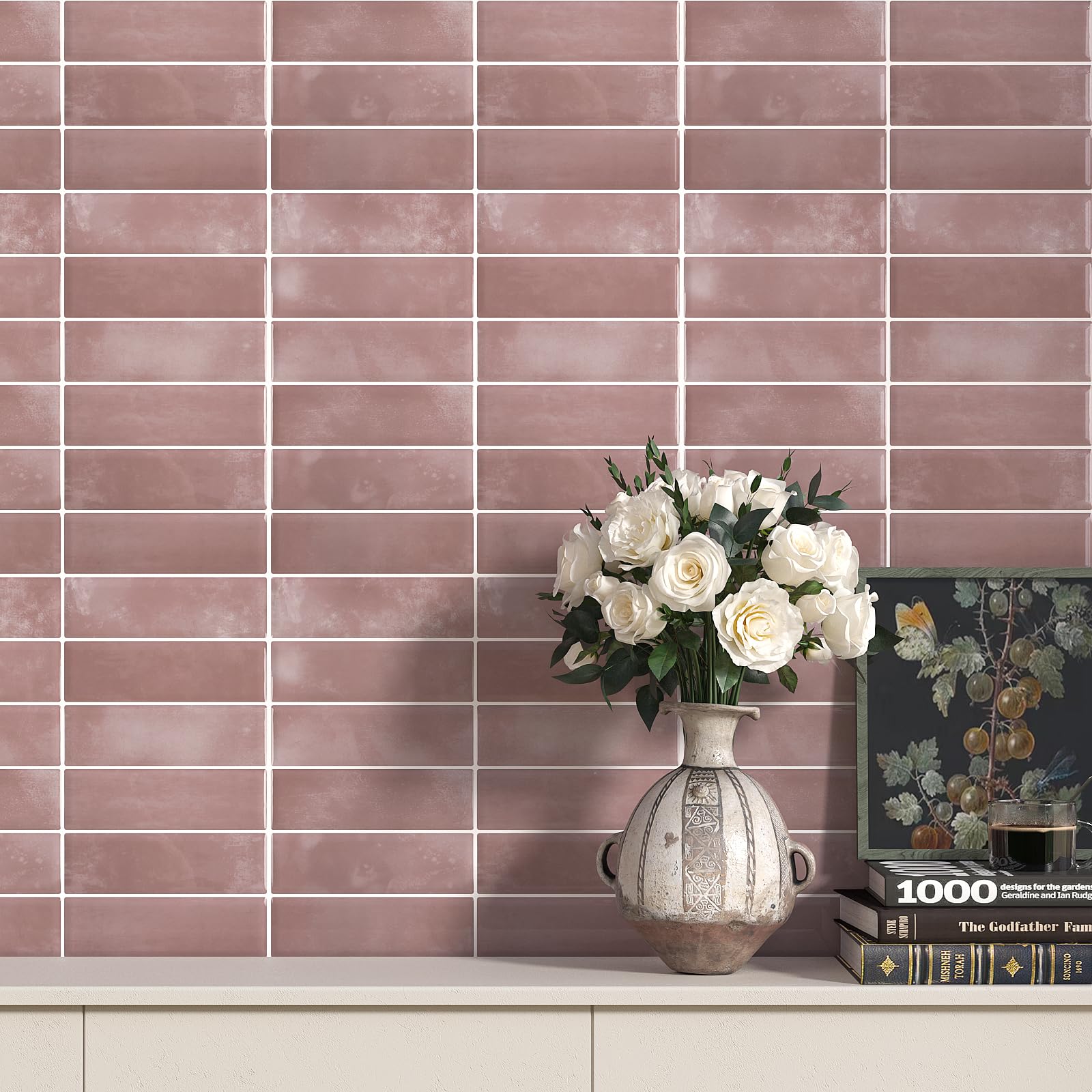 

VaryPaper Tile Stickers Wall Decals Wallpaper Stickers Removable Wallpaper Sheets Pink 3D Interior Decor Set Brick Pattern Tile Sheets Mosaic Tiles