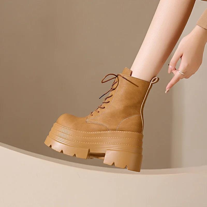Women High Platform Boots Gothic Leather Punk Shoes Female Ankle Short Combat Boots 10.5CM Wedge Heels Chunky Motorcycle Boots