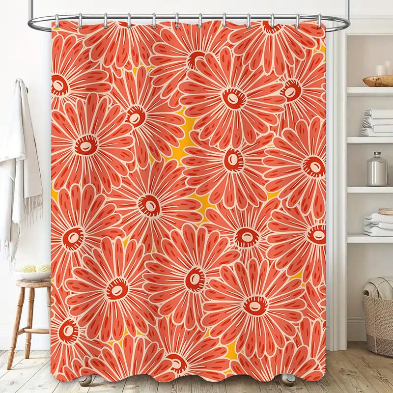 Handmade Shower Curtain Floral Design, Orange Color, Waterproof Fabric, Room Decoration Customizable Size 36x72 inches for Bathr