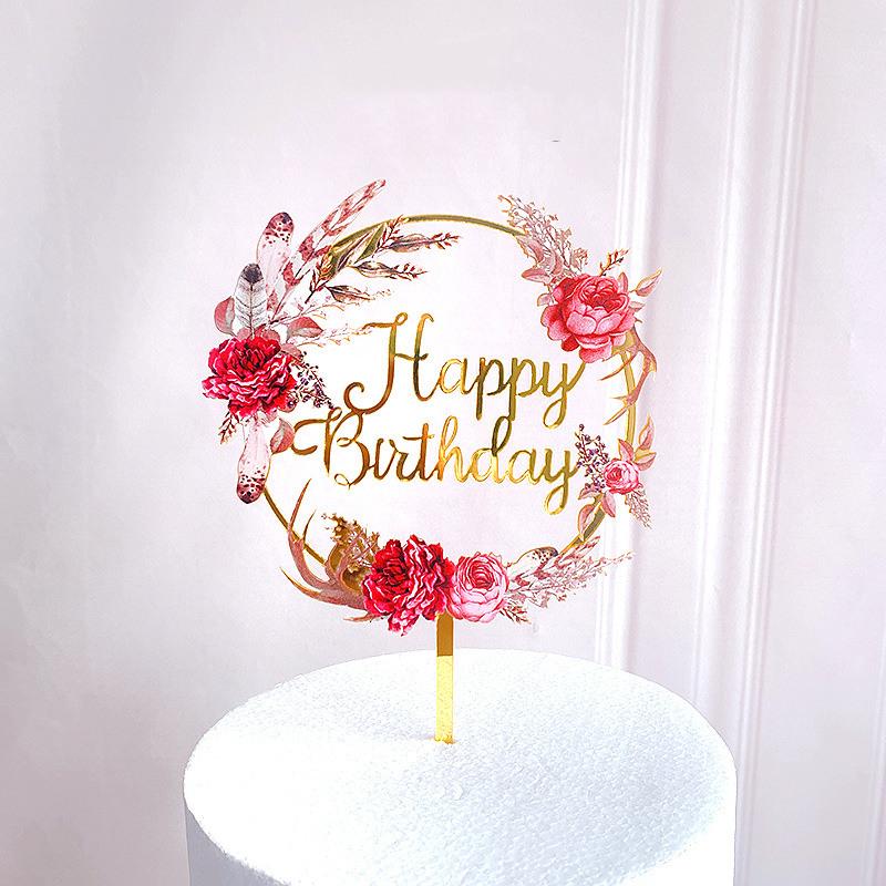 Neuer farbiger Blumen Happy Birthday Tortenaufsatz Goldener Acryl Geburtstagsparty Dessert Dekoration für Babyparty Backzubehör