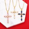 FLOLA Simple Pink Crystal Cross Necklaces for Women Gold Plated Box Chain Amulet Necklaces Christian Jewelry Nkeb194