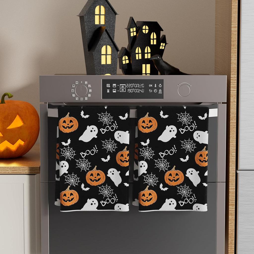 XCHI Halloween Spooky Ghost Black Kitchen Towels Dish Towels 18x26 Inch Home Kitchen Decorations Hand Towels Set of 2 Drying Dishcloth