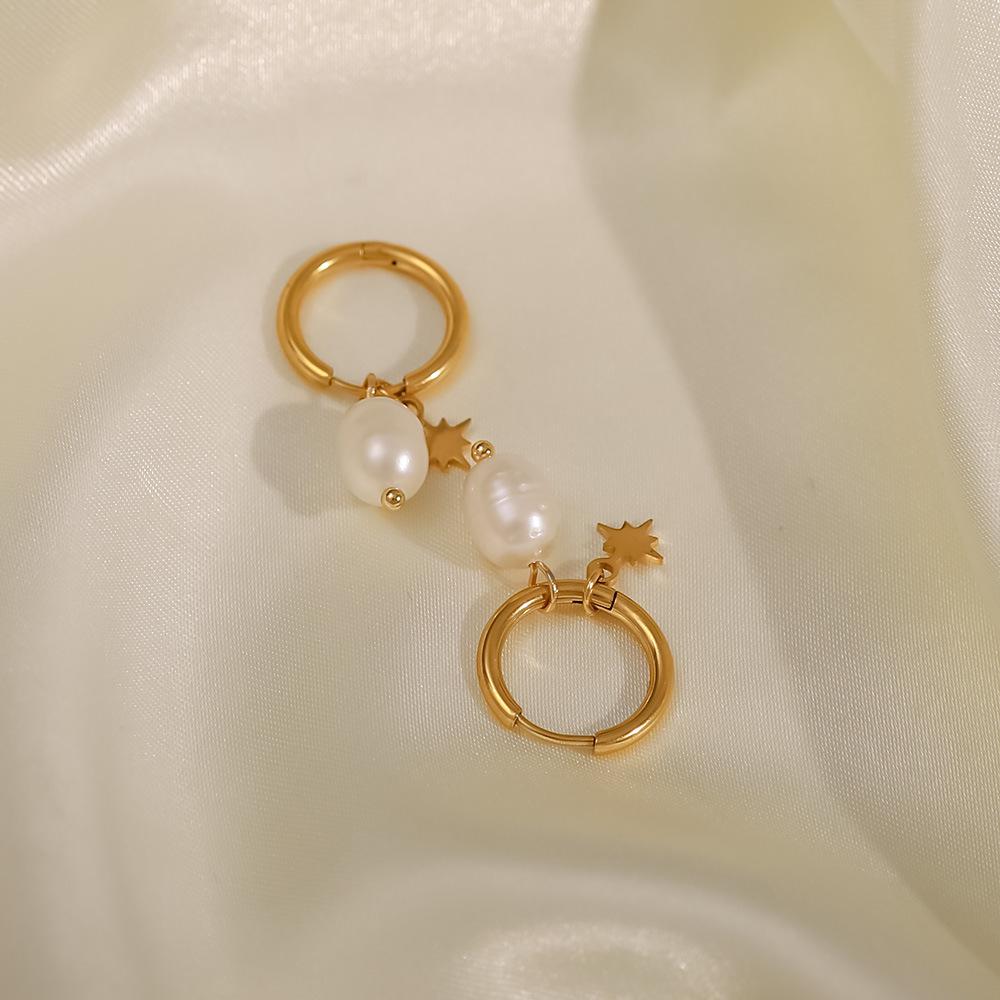 18k Natural Freshwater Pearl Star Pendant Hoop Earrings - Women's Fashion, Versatile, Gold-Plated Stainless Steel.