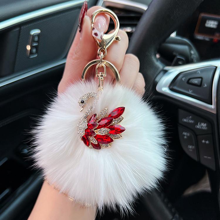 Crystal Swan Creative Fox Fur Car Keychain Exquisite Chic Keyring Bag Pendant