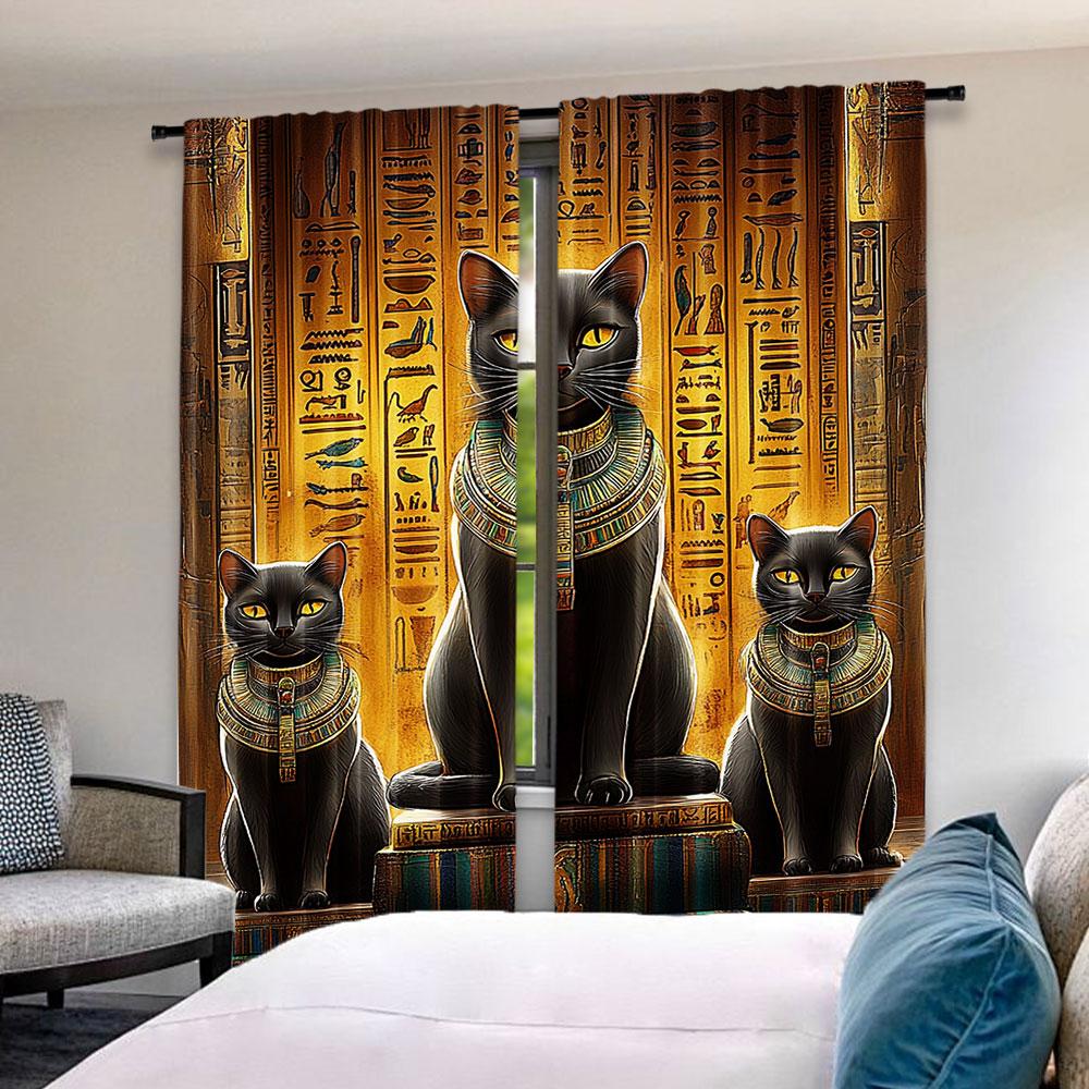 2Pcs Egyptian Mysterious Black Cats Print Curtain Room Decor Versatile Room Use Suitable For Living Room Dining Room Bedroom