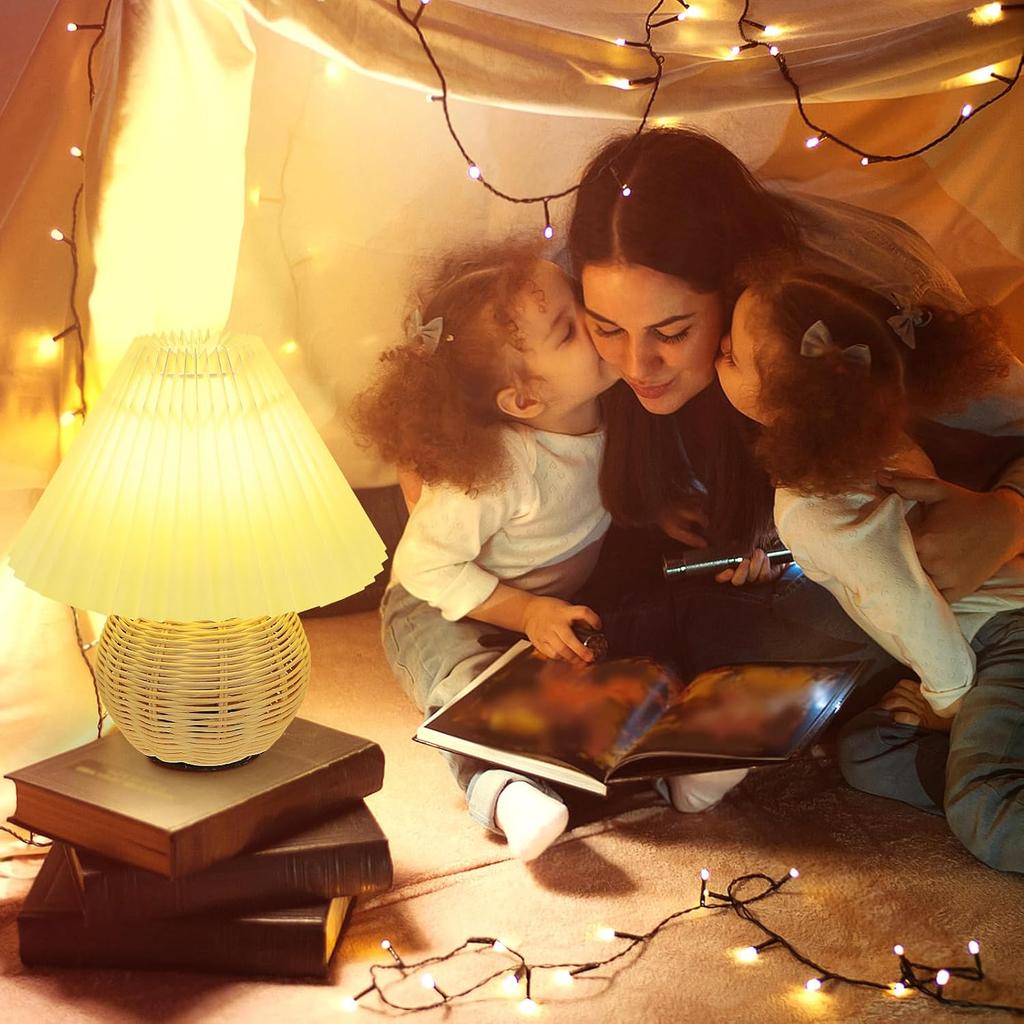 STOBAZA Bedside Table Lamp for Bedroom, Bedside Lamps for Nightstand with Pleated, Rechargeable Desk Reading Light for Living Room Kids Room Dorm