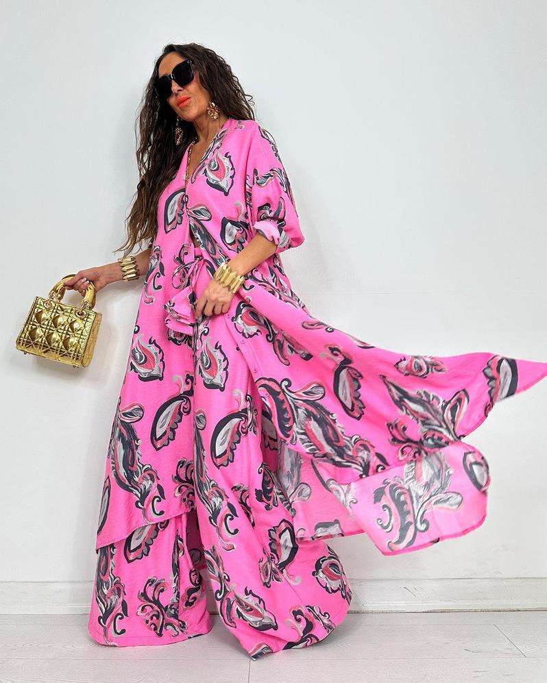 2025 Autumn New Women's Lapel Print Medium and Long Top Wide-leg Pants Two-piece Set