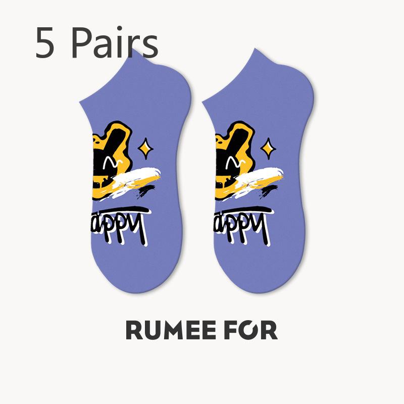 5 Pairs of Men's Summer Thin Cartoon Graffiti Trend Sports Boat Socks