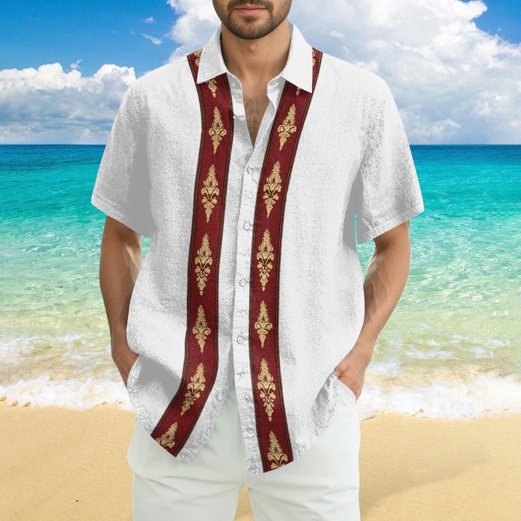 Men's Fashionable Casual Loose Striped Printed Beach Short-sleeved Shirt