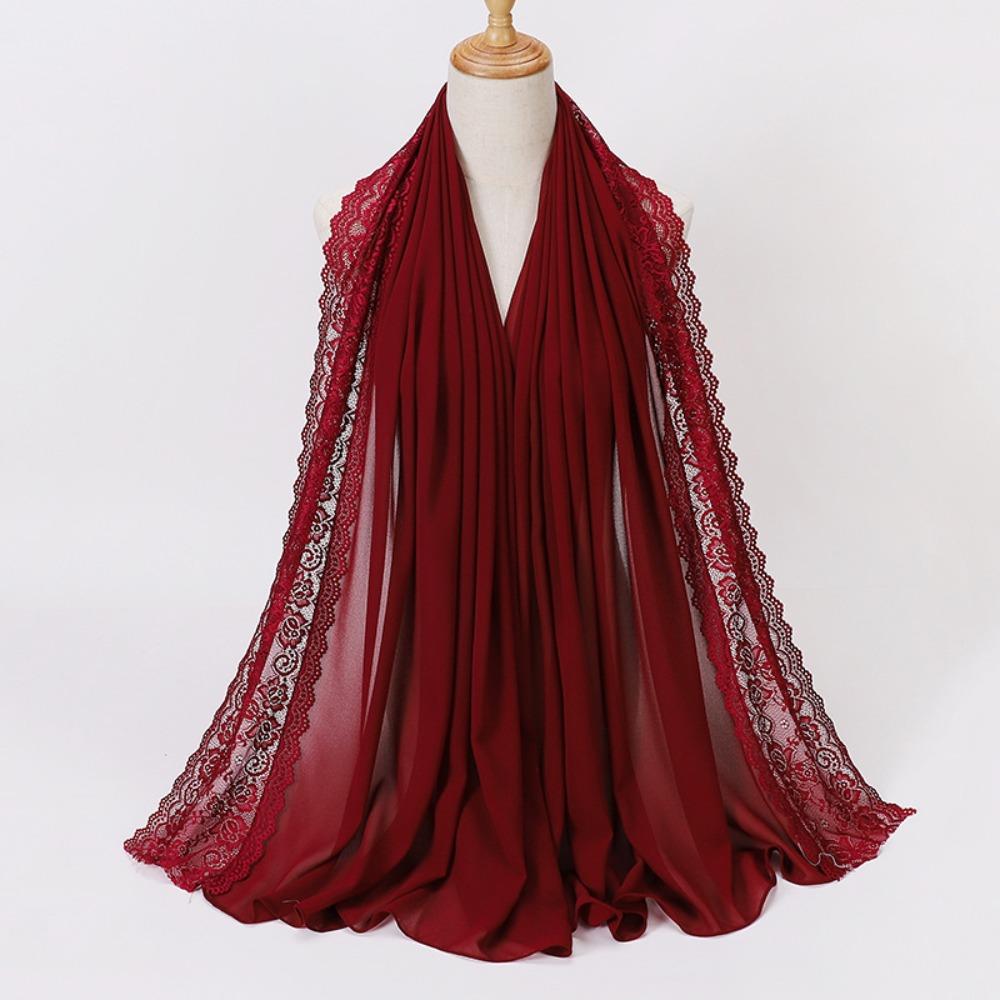 Solid Color Silk Scarf Lace Edge Ramadan Headscarf Versatile Sunscreen Shawl  Women Headwear