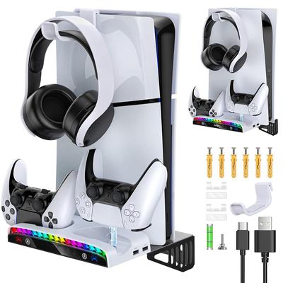 Wall Mount Kit for PS5 Slim/PS5 Console-Dual Charging Station Compatible with Playstation 5 Accessories -15 RGB Light-3 USB HUB-Headset Holder