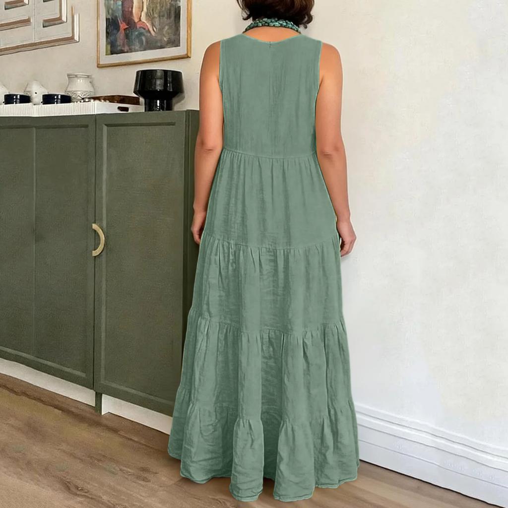 Women's Fashionable Loose-Fit Sleeveless Cotton-Linen Blend Shirt Dress