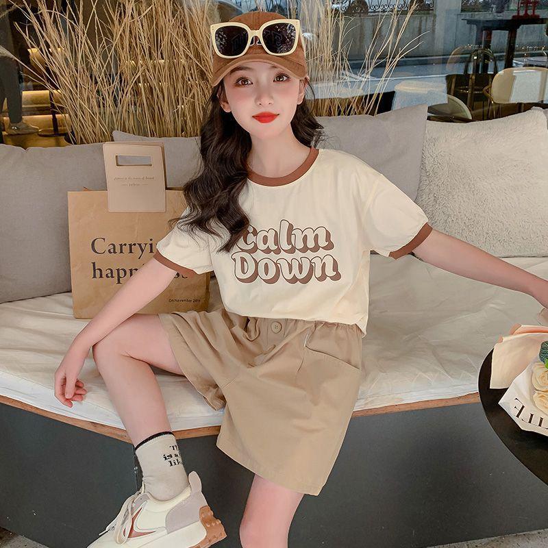 

2026 Chic Korean Summer Letter Print T-shirt & Shorts Set for Girls - Casual Trendy Style 150 cm
