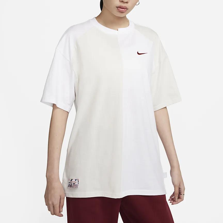 Nike Logo Print Sports Training Casual American Retro Round Neck Short Sleeve Drop Shoulder T-Shirt Women Tops White FQ0366-030
