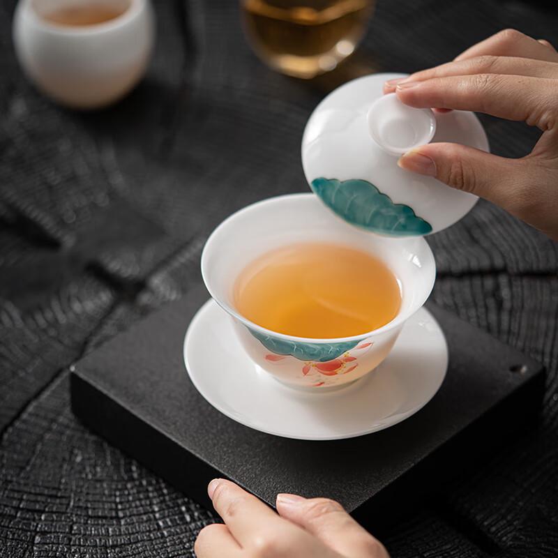 Hand-Painted White Porcelain Sancai Gaiwan Tea Bowl with Fish & Lotus