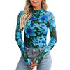 Women's Sexy Mesh Printed Top Half High Neck Long Sleeved T-shirts