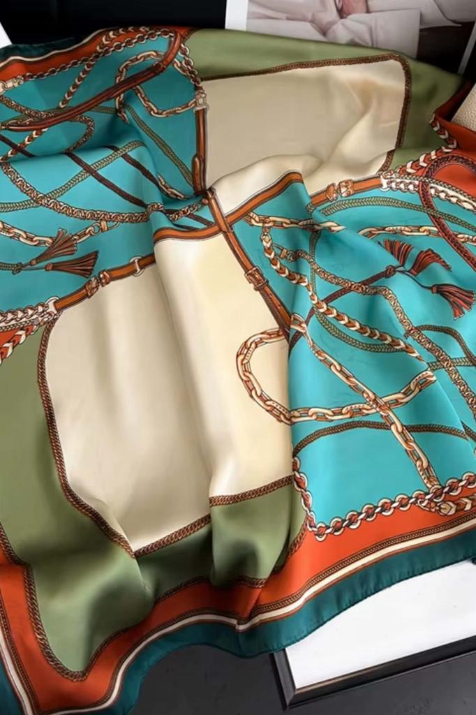 Satin Scarf 70X70 - Equestrian Motif, Turquoise and Orange