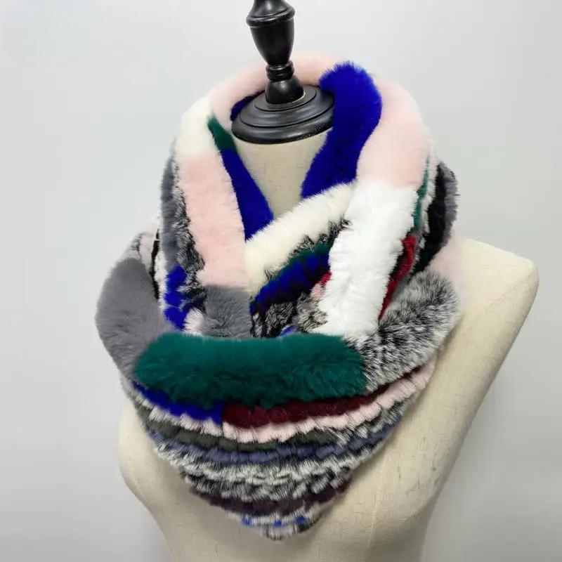 Women Long Ring Scarf Real Rex Rabbit Fur Knitted Neck Warmer Winter Stylish Warm Ring Scarves