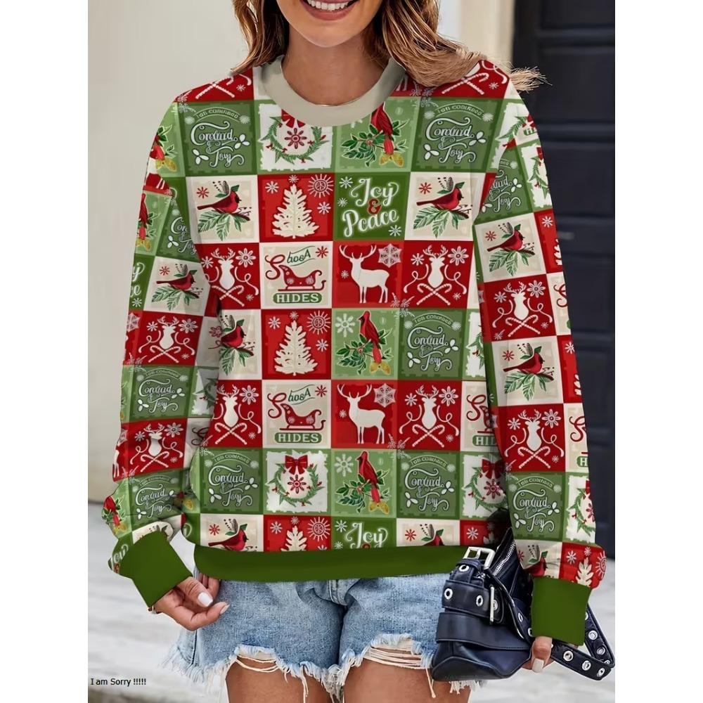 Women's long sleeved round neck casual hoodie, 3D Christmas element Santa Claus printed pullover, women's holiday party costume