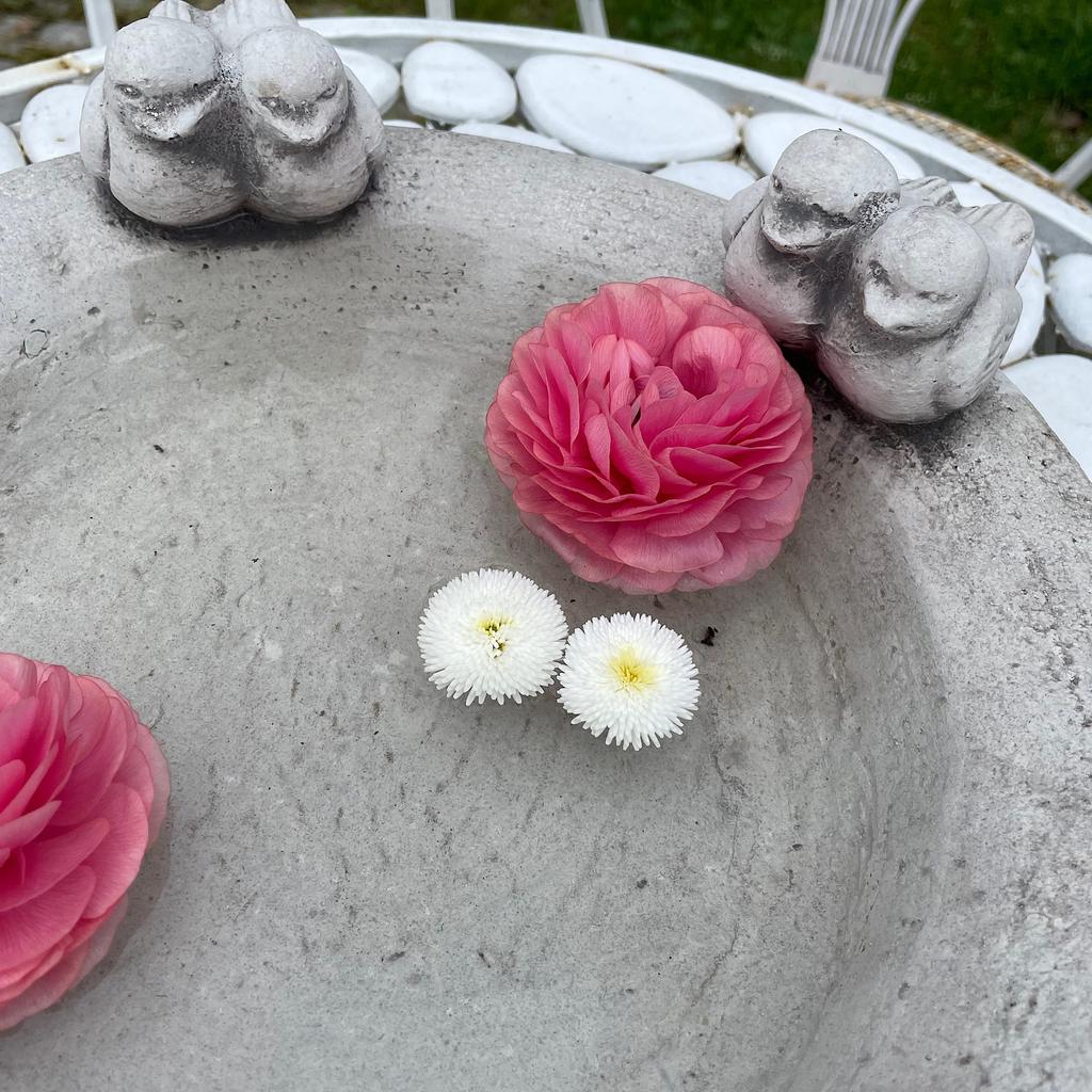 Concrete sculpture water bowl with birds gray figure