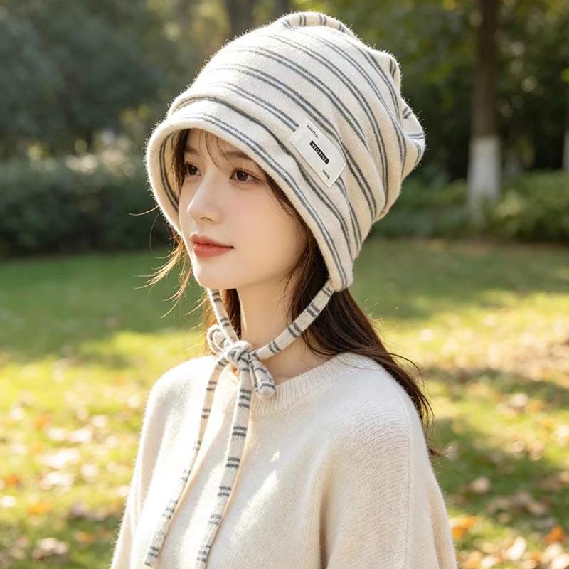 Early autumn striped straps bag head hat women's autumn and winter casual versatile warm windproof face small pile hat