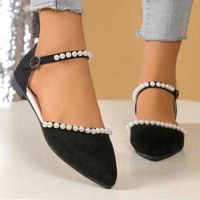 Schuhe für Damen 2025 Geschlossene Zehen Damen Sandalen Prägnant Täglich Damen Spitzzehen Riemchen mit Perlen Schnalle Bedeckter Absatz Flache Schuhe