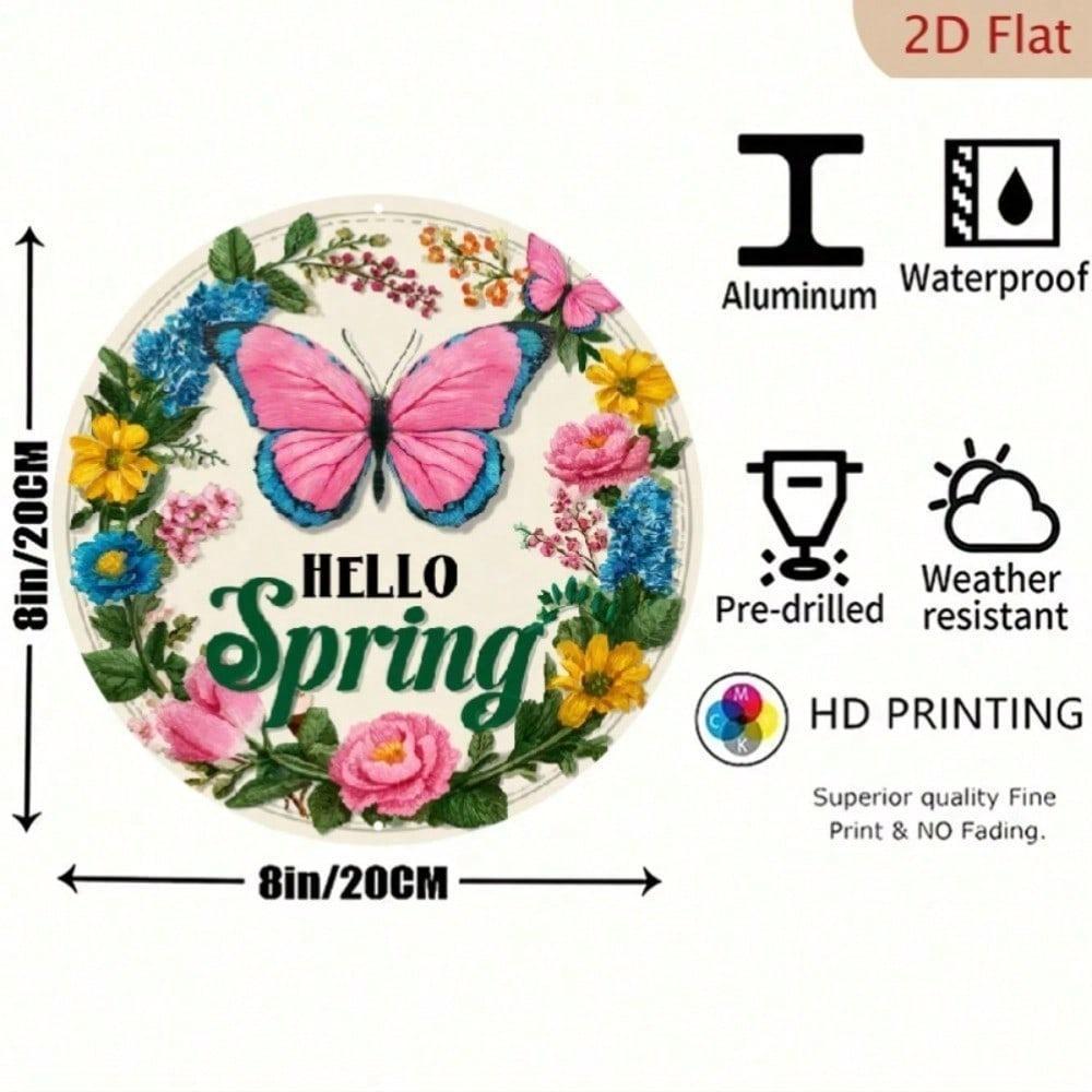 1pc Vintage Rustic Floral Wreath Metal Wall Art, 7.8x7.8 Inch Spring Butterfly & Foliage Aluminum Sign, 2D Flat Round Outdoor Home Decor